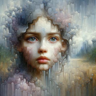 The primary subject of the image is a woman's face, which is the main focus of the image. The setting is a cloudy sky, and the visual style is digital art. The colors and mood of the image are predominantly pink and purple, giving it a dreamy and ethereal atmosphere.